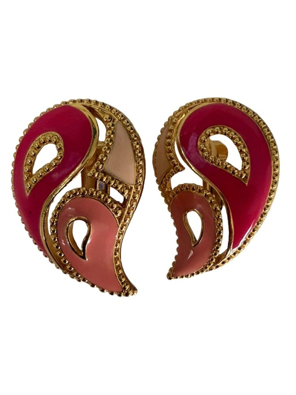 Vintage Avon Pink Enamel Paisley Clip On Earrings Gold Tone Abstract Swirl Retro